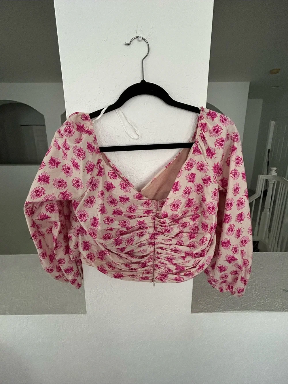 Floral Ruched Pink Long-Sleeve Crop Top and Skirt SET